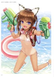 Rule 34 | 1girl, 40010prototype, :d, absurdres, animal ears, anklet, artist name, barefoot, bikini, black hairband, blue eyes, bracelet, braid, breasts, brown hair, covered erect nipples, fake animal ears, fang, feet, glasses around neck, gun, hairband, highres, holding, holding gun, holding weapon, innertube, jewelry, kneeling, long hair, looking at viewer, navel, one-piece tan, open mouth, original, page number, scan, shiny skin, side-tie bikini bottom, sideboob, small breasts, smile, solo, stomach, swim ring, swimsuit, tan, tanline, twin braids, underboob, v-shaped eyebrows, water, water gun, weapon, white bikini
