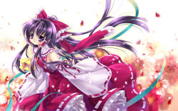 Rule 34 | 1girl, bare shoulders, black hair, blush, bow, capura lin, detached sleeves, dress, female focus, hair bow, hakurei reimu, long dress, long sleeves, looking at viewer, petals, purple eyes, red bow, red dress, ribbon-trimmed sleeves, ribbon trim, sidelocks, smile, solo, touhou