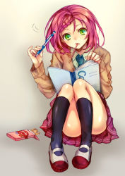 Rule 34 | 1girl, bad id, bad pixiv id, book, braid, convenient leg, desk, food, french braid, grad, green eyes, highres, madogawa, mouth hold, necktie, open book, original, pencil, pink hair, pinky out, plaid, plaid necktie, plaid neckwear, pocky, reading, school desk, shoes, short hair, sitting, skirt, solo, thighs, uwabaki