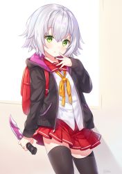 Rule 34 | 1girl, backpack, bag, black jacket, black thighhighs, blouse, blush, closed mouth, commentary request, contemporary, cowboy shot, dagger, facial scar, fate/apocrypha, fate (series), green eyes, hair between eyes, hand on own face, hitsukuya, holding, holding dagger, holding knife, holding weapon, hood, hooded jacket, jack the ripper (fate/apocrypha), jacket, knife, long sleeves, looking at viewer, pleated skirt, randoseru, red ribbon, red sailor collar, red skirt, reverse grip, ribbon, sailor collar, scar, scar on cheek, scar on face, school uniform, serafuku, shirt, short hair, signature, skirt, solo, standing, thighhighs, weapon, white shirt