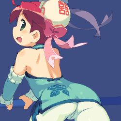 Rule 34 | 1girl, :d, ahoge, ass, back, bare back, bare shoulders, blue background, blush, bow, detached sleeves, green eyes, hair bow, hair bun, hair ribbon, leggings, looking at viewer, looking back, lowres, oekaki, om (nk2007), open mouth, pink bow, pink ribbon, pixel art, red hair, ribbon, saru getchu, sayaka (saru getchu), simple background, smile, solo, white leggings
