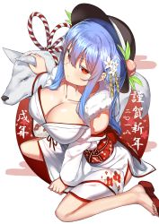 Rule 34 | 1girl, 2018, absurdres, animal, barefoot, black hat, blue hair, blush, breasts, cleavage, dog, floral print, flower, food, from above, fruit, full body, hair between eyes, hair flower, hair ornament, hat, headpat, highres, hinanawi tenshi, japanese clothes, kimono, large breasts, long hair, looking at viewer, neropaso, obi, peach, red eyes, rope, sandals, sash, sitting, solo, touhou, wariza, white background, white kimono