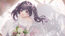 Rule 34 | 1girl, :d, bare shoulders, birthmark, black hair, blush, bouquet, collarbone, commentary, commission, dress, english commentary, falling petals, flower, from above, hair flower, hair ornament, hairclip, heart, highres, himemiya rie, holding, holding bouquet, kino (m6t2a), lace, lace-trimmed dress, lace trim, looking at viewer, multicolored hair, open mouth, petals, phase connect, pink eyes, pink flower, pink hair, rose, shadow, smile, strapless, strapless dress, streaked hair, teeth, tiara, twintails, upper teeth only, virtual youtuber, wedding dress, white dress, white flower, white rose, window shadow