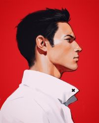 Rule 34 | 1boy, black hair, closed mouth, commentary, english commentary, from side, highres, ilya kuvshinov, lips, looking to the side, male focus, original, profile, red background, serious, shirt, short hair, simple background, solo, upper body, white shirt