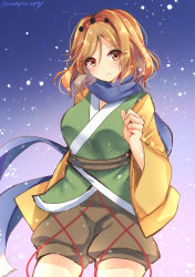 Rule 34 | 1girl, blue scarf, breasts, brown shorts, closed mouth, commentary request, cowboy shot, genderswap, genderswap (otf), green shirt, highres, japanese clothes, large breasts, len&#039;en, medium hair, orange eyes, orange hair, ougi hina, scarf, shirt, shorts, solo, yellow sleeves, zuifeng tenkai