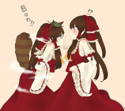 Rule 34 | !?, 2girls, animal ears, arpakassosan, ascot, bad id, bad pixiv id, blush, bow, brown eyes, brown hair, cosplay, detached sleeves, female focus, french text, frills, futatsuiwa mamizou, glasses, hair bow, hair tubes, hakurei reimu, hakurei reimu (cosplay), jamu (arpakassosan), leaf, leaf on head, long hair, looking at another, multiple girls, object on head, pince-nez, profile, raccoon ears, raccoon tail, sarashi, smile, sweat, tail, touhou