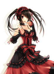 Rule 34 | 10s, 1girl, bad id, bad pixiv id, bare shoulders, black hair, choker, clock, clock eyes, date a live, detached sleeves, dress, elbow gloves, gloves, gothic lolita, headdress, heterochromia, lolita fashion, long hair, mushroom (artist), red dress, red eyes, smirk, solo, striped, symbol-shaped pupils, tokisaki kurumi, tongue, tongue out, twintails, vertical stripes, yellow eyes