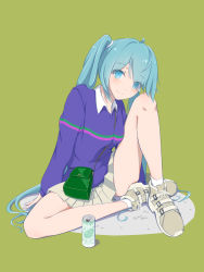 Rule 34 | 1girl, bag, blue eyes, blue hair, blush, brown footwear, brown skirt, can, closed mouth, collared shirt, commentary request, eyes visible through hair, green background, hair over one eye, hatsune miku, knee up, long hair, looking at viewer, pleated skirt, purple sweater, shadow, shirt, shoes, shoulder bag, simple background, sitting, skirt, smile, socks, solo, sweater, twintails, very long hair, vocaloid, white shirt, white socks, yukichi (yu-ame)