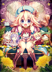 Rule 34 | 1girl, :o, ahoge, akabane (zebrasmise), alex bartral, animal ears, backpack, bag, bare shoulders, bench, beret, between legs, bird, blonde hair, blue eyes, blush, boots, bow, buttons, character doll, collar, cross-laced footwear, dandelion, dog ears, doll, estherty toria fureisurain, fangs, flipped hair, flower, gloves, hair between eyes, hand between legs, happy, hat, hat bow, kaze to lute no shirabe ni nosete, knee boots, knees together feet apart, large buttons, long hair, off shoulder, official art, open mouth, original, revision, selestina fuiara fureisurain, shieiraira maira fureisurain, short hair, sitting, smile, solo, squirrel, stuffed toy, uroppo gyaroppo maruoppo, v arms