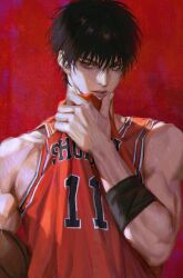 Rule 34 | 1boy, bare shoulders, basketball jersey, basketball uniform, black hair, black wristband, commentary request, eyelashes, grey eyes, hair between eyes, hand up, highres, jersey, korean commentary, lips, looking at viewer, looking away, male focus, parted lips, red background, red shirt, rukawa kaede, shirt, short hair, simple background, slam dunk (series), sleeveless, sleeveless shirt, solo, sportswear, sweat, upper body, wiping sweat, wristband, zero q 0q