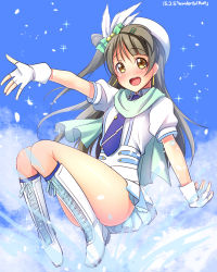 Rule 34 | 10s, 1girl, 2015, blue necktie, brown hair, dated, earrings, fingerless gloves, gloves, green ribbon, hair ornament, highres, idol, jewelry, long hair, love live!, love live! school idol project, minami kotori, necktie, open mouth, ribbon, solo, song name, white gloves, wonderful rush, yellow eyes, yu-ta