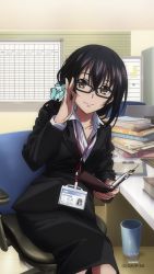 Rule 34 | adjusting eyewear, artist request, bad id, bad twitter id, bespectacled, black hair, black skirt, book, book stack, brown eyes, chair, clipboard, copyright notice, crossed legs, desk, formal, glasses, highres, himeragi yukina, holding, holding book, id card, indoors, jacket, name tag, office, office chair, office lady, official art, paper, pencil skirt, scrunchie, short hair, sitting, skirt, solo, strike the blood, suit, suit jacket, swivel chair, trash can, window blinds