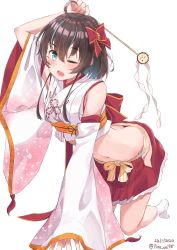 Rule 34 | 1girl, ahoge, ass, blush, brown hair, butt crack, dated, detached sleeves, downpants, gohei, green eyes, groin, highres, holding, hololive, kneeling, midriff, natsuiro matsuri, natsuiro matsuri (new year), navel, nontraditional miko, one eye closed, open mouth, panties, side ponytail, simple background, solo, timo wei95, twitter username, underwear, virtual youtuber, white background, white panties, wide sleeves