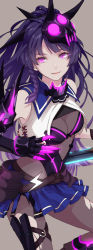 Rule 34 | 1girl, armor, benghuai xueyuan, blue skirt, bodysuit, braid, breasts, cleavage, closed mouth, faulds, glowing, glowing eyes, grey background, highres, holding, holding sword, holding weapon, honkai (series), knee up, light smile, light trail, long hair, looking at viewer, mask, mask on head, medium breasts, pantyhose, purple eyes, purple hair, raiden mei, raiden mei (lightning empress), shi er xian, side braid, simple background, skirt, smile, solo, sword, symbol-shaped pupils, torn clothes, torn pantyhose, weapon