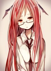 Rule 34 | 1girl, absurdres, bat wings, bespectacled, blouse, glasses, head wings, highres, jitome, koakuma, long hair, looking at viewer, necktie, red eyes, red hair, shirt, sketch, solo, touhou, ukita uuko, v arms, white shirt, wings