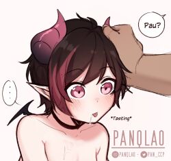 Rule 34 | ..., 1girl, artist name, black choker, blush, choker, collarbone, cum, demon horns, demon wings, horns, mini wings, original, pan (panqlao), panqlao, pink eyes, pointy ears, simple background, solo focus, speech bubble, tongue, tongue out, watermark, white background, wings