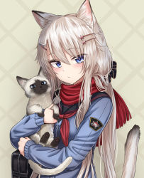 Rule 34 | 1girl, 9a-91 (girls&#039; frontline), absurdres, animal, animal ears, bad id, bad twitter id, bag, blue eyes, blue shirt, carrying, cat, cat ears, cat girl, cat tail, closed mouth, duffel bag, girls&#039; frontline, hair ornament, hair scrunchie, hairclip, highres, kemonomimi mode, long hair, long sleeves, looking at viewer, neckerchief, patch, sailor collar, scarf, scrunchie, shirt, siamese cat, silver hair, solo, tail, tail raised, upper body, yakob labo