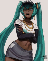 Rule 34 | 1girl, absurdres, ai-generated art (topic), alternate costume, alternate skin color, aqua eyes, aqua hair, black headwear, black sleeves, commentary, cropped shirt, crossed arms, dark-skinned female, dark skin, earrings, english commentary, gold earrings, gold necklace, green nails, grey skirt, hatsune miku, highres, hoop earrings, ironicnotsavage, jewelry, long hair, looking at viewer, navel, necklace, open mouth, print shirt, shirt, skirt, solo, twintails, vocaloid, white shirt