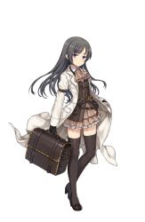 Rule 34 | 1girl, arm belt, ascot, belt, belt pouch, black gloves, black hair, black thighhighs, boots, brown skirt, cross-laced footwear, frilled skirt, frills, full body, gloves, high heel boots, high heels, highres, jacket, lace-up boots, long hair, looking at viewer, official art, pocket, pocket watch, pouch, princess principal, princess principal game of mission, purple eyes, skirt, solo, sophie mackenzie, standing, suitcase, thigh boots, thighhighs, transparent background, watch