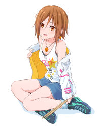Rule 34 | 1girl, black footwear, blue skirt, brown eyes, brown hair, collarbone, commentary request, dresstrip, drumsticks, earrings, full body, hair between eyes, hair down, holding, holding drumsticks, jacket, jewelry, k-on!, long sleeves, looking at viewer, necklace, open mouth, revision, shoes, short hair, simple background, sitting, skirt, smile, sneakers, socks, solo, star (symbol), star earrings, tainaka ritsu, tank top, undressing, white background, white jacket, white socks, white tank top
