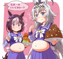 Rule 34 | 2girls, :t, ^^^, ahoge, animal ears, back bow, big belly, blue eyes, blush, bow, brown hair, carrot, chopsticks, closed mouth, commentary, ear bow, eating, food, grey hair, hachimaki, headband, highres, holding, holding chopsticks, holding plate, horse ears, horse girl, horse tail, inoue kouji, long hair, long sleeves, looking at viewer, motion lines, multicolored hair, multiple girls, navel, oguri cap (umamusume), outside border, pasta, pink background, plate, pleated skirt, purple eyes, purple sailor collar, purple shirt, purple skirt, sailor collar, school uniform, shirt, short hair, skirt, smile, special week (umamusume), standing, sweatdrop, tail, tracen school uniform, translated, two-tone hair, umamusume, white bow, white hair, white headband