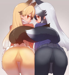 Rule 34 | 10s, 2girls, animal ears, arms at sides, ass, back, bent over, black hair, black pantyhose, black skirt, blue jacket, blush, brown eyes, cameltoe, closed mouth, cowboy shot, ear blush, ezo red fox (kemono friends), fox ears, fox tail, from behind, gradient background, gradient hair, grey background, hair between eyes, jacket, kemono friends, legs apart, long hair, looking at viewer, looking back, multicolored clothes, multicolored hair, multicolored legwear, multiple girls, nose blush, open mouth, orange eyes, orange jacket, orange pantyhose, pantyhose, pantylines, pleated skirt, profile, scarf, sidelocks, silver fox (kemono friends), skirt, standing, sumiyao (amam), sweatdrop, tail, tareme, very long hair, white hair, white skirt, yellow legwear