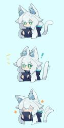 Rule 34 | !, 1girl, animal ear fluff, animal ears, arknights, blue background, blush, cat ears, cat girl, cat tail, commentary request, cropped torso, dress, expressionless, gloves, green eyes, grey hair, happy, highres, holding, hood, jacket, long hair, long sleeves, looking at object, mooootmt, motion lines, hugging object, rosmontis (arknights), simple background, tail, tail wagging