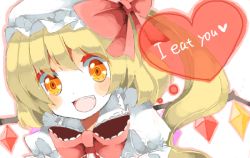 Rule 34 | 1girl, bad id, bad pixiv id, blonde hair, english text, engrish text, fang, female focus, flandre scarlet, hat, lk (artist), one side up, orange eyes, ponytail, ranguage, short hair, side ponytail, solo, touhou, wings