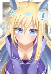 ! absurdres ahoge animal_ears bent_over blonde_hair blue_eyes blush breasts closed_mouth collarbone commentary_request downblouse hair_between_eyes hair_ornament highres horse_ears horse_girl horse_tail kusarigama_sshimi leaning_forward long_hair looking_at_viewer multicolored_hair navel neo_universe_(umamusume) nose_blush school_uniform small_breasts tail tracen_school_uniform two-tone_hair umamusume