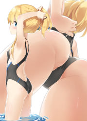 Rule 34 | 1girl, adjusting clothes, adjusting swimsuit, armpits, arms up, ass, bare legs, bare shoulders, black one-piece swimsuit, blonde hair, blue eyes, blurry, blush, breasts, competition swimsuit, cowboy shot, depth of field, from below, from side, hair between eyes, hair tie, kani biimu, looking at viewer, looking to the side, mtu virus, multiple views, one-piece swimsuit, original, partially visible vulva, profile, shimotsuki potofu, sidelocks, simple background, small breasts, swimsuit, thighs, tying hair, wading, white background