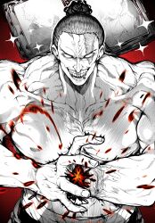 Rule 34 | 1boy, absurdres, blank eyes, blood, blood splatter, cannon, clapping, greyscale, grin, highres, jujutsu kaisen, large pectorals, male focus, monochrome, muscular, muscular male, pectorals, scar, scar across eye, short hair, sideburns, smile, solo, sparkle background, spoilers, spot color, topless male, toudou aoi (jujutsu kaisen), upper body, veiny neck, yotsumi shiro