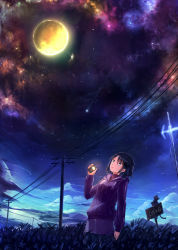 Rule 34 | 1girl, animal, bell, black cat, black hair, blue eyes, cat, city lights, cloud, collar, commentary request, contrail, earrings, eyes visible through hair, full moon, hand up, highres, hill, holding, hood, hood down, hoodie, horizon, inlet, jewelry, kazeno, lake, leaning back, long sleeves, looking up, mole, mole under eye, moon, mountain, nature, nebula, neck bell, night, night sky, original, outdoors, pants, parted lips, plant, power lines, river, satellite, scenery, shooting star, signpost, silhouette, sky, solo, standing, star (sky), starry sky, sunrise, sweater, turtleneck, turtleneck sweater, utility pole, walkie-talkie, yellow moon, zipper