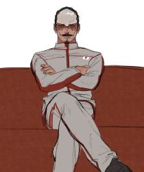 Rule 34 | 1boy, black footwear, black hair, chengongzi123, couch, crossed arms, closed eyes, facial hair, forehead protector, golden kamuy, highres, insignia, crossed legs, long sleeves, male focus, mustache, scar, scar on face, short hair, simple background, solo, sportswear, tsurumi tokushirou