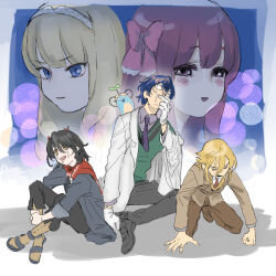 Rule 34 | 2girls, 3boys, all fours, amane (dream c club), black footwear, black hair, black pants, blazer, blonde hair, blue eyes, blue hair, blurry, blush, bokeh, border, bow, brown jacket, brown pants, cigarette, closed mouth, coat, collared shirt, commentary request, creature, creature on shoulder, cropped head, crossed ankles, crossover, crying, crying with eyes open, defeat, depth of field, dream c club, dream c club (series), dream c club zero, drooling, glasses, gloves, green sweater, hair between eyes, hair bow, hairband, haruka (dream c club), head back, head tilt, holding, holding cigarette, hugging own legs, jacket, koze niire, lab coat, leos vincent, leos vincent (1st costume), long hair, mameneko (leos vincent), mashiro meme, mashiro meme (1st costume), multiple boys, multiple girls, necktie, nijisanji, off shoulder, on ground, on shoulder, opaque glasses, open clothes, open coat, open mouth, pants, pink bow, projected inset, purple eyes, purple hair, purple necktie, red scarf, scarf, shirt, shoes, short hair, sitting, smile, smoking, streaming tears, sweater, tears, uzuki kou, uzuki kou (3rd costume), v-shaped eyebrows, virtual youtuber, white border, white coat, white gloves, white hairband, yellow eyes