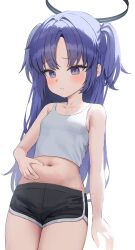 Rule 34 | 1girl, aged down, belly grab, black shorts, blue archive, blush, breasts, closed mouth, crop top, damcheong, dolphin shorts, halo, hand on own stomach, highres, light frown, long hair, mechanical halo, midriff, navel, purple eyes, purple hair, short shorts, shorts, simple background, small breasts, solo, tank top, two side up, weight conscious, white background, white tank top, yuuka (blue archive)