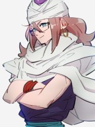 Rule 34 | 1girl, android 21, blue eyes, cape, closed mouth, cosplay, crossed arms, dragon ball, dragon ball fighterz, earrings, glasses, grey background, hoop earrings, jewelry, kemachiku, long hair, looking at viewer, piccolo, piccolo (cosplay), red hair, simple background, smile, solo, turban, white cape