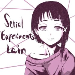 1girl copyright_name digital_witch grin hair_ornament half-closed_eyes iwakura_lain monochrome serial_experiments_lain short_hair single_sidelock smile solo sweater teeth x_hair_ornament