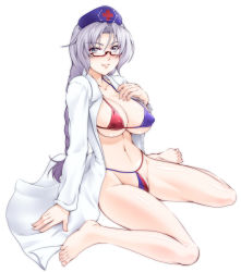 Rule 34 | 1girl, 846-gou, bad id, bad pixiv id, barefoot, bespectacled, blue eyes, blush, breasts, feet, female focus, full body, glasses, hat, large breasts, long hair, looking at viewer, md5 mismatch, nurse cap, open clothes, open shirt, shirt, silver hair, simple background, sitting, smile, solo, touhou, very long hair, wariza, white background, yagokoro eirin