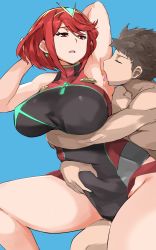 Rule 34 | 1boy, 1girl, armpits, arms behind head, belly grab, blush, breasts, brown hair, cafekun, closed eyes, competition swimsuit, earrings, grabbing another&#039;s stomach, half-closed eyes, hetero, highres, hug, hug from behind, jewelry, large breasts, licking, licking armpit, nintendo, one-piece swimsuit, open mouth, pyra (pro swimmer) (xenoblade), pyra (xenoblade), red eyes, red hair, rex (xenoblade), saliva, swimsuit, tiara, xenoblade chronicles (series), xenoblade chronicles 2