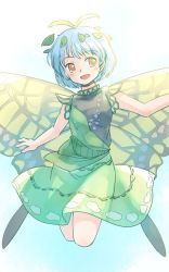 Rule 34 | 1girl, antennae, aqua hair, blush, butterfly wings, dress, eternity larva, fairy, full body, green dress, hair between eyes, insect wings, leaf, leaf on head, multicolored clothes, multicolored dress, one-hour drawing challenge, open mouth, rangycrow, short hair, short sleeves, single strap, smile, solo, touhou, wings, yellow eyes