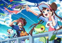 Rule 34 | 1boy, 1girl, :d, artist name, bag, black pantyhose, blue eyes, blue jacket, blurry, blush, bow, bright pupils, brown hair, cloud, commentary request, creatures (company), day, double bun, eyelashes, falling leaves, fence, game freak, gen 5 pokemon, hair bun, hand up, highres, jacket, leaf, long hair, mato., nate (pokemon), nintendo, open mouth, oshawott, outdoors, pantyhose, pantyhose under shorts, pink bow, pointing, pokemon, pokemon (creature), pokemon bw2, raglan sleeves, red headwear, rosa (pokemon), short shorts, short sleeves, shorts, shoulder bag, sky, smile, snivy, starter pokemon trio, teeth, tepig, tongue, twintails, visor cap, white pupils, yellow shorts