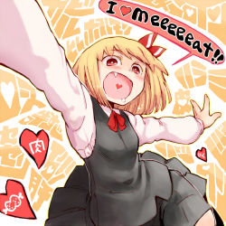 Rule 34 | 1girl, :d, blonde hair, blush, daitai konna kanji, dress, english text, fang, female focus, food, heart, heart in mouth, meat, open mouth, outstretched arm, outstretched arms, red eyes, rumia, short hair, smile, solo, speech bubble, touhou