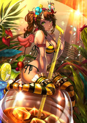 Rule 34 | 1girl, bikini, breasts, brown hair, cleavage, drink, drinking straw, flower, foocon, green eyes, hair ornament, hairband, highres, ice, long hair, original, oversized object, side ponytail, sitting, solo, string bikini, striped clothes, striped thighhighs, swimsuit, thighhighs, wariza, wings