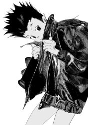 Rule 34 | 1boy, atie1225, child, commentary, cowboy shot, from side, gon freecss, greyscale, highres, hunter x hunter, jacket, leaning forward, long sleeves, looking at viewer, looking to the side, male focus, monochrome, puffy long sleeves, puffy sleeves, sharp teeth, short hair, simple background, smile, solo, teeth