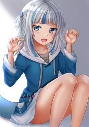 Rule 34 | 1girl, bare legs, blue eyes, blue hair, blush, commentary, english commentary, fins, fish bone, fish tail, gawr gura, gawr gura (1st costume), hair ornament, hands up, highres, hololive, hololive english, hood, hood down, hoodie, kazenokaze, looking at viewer, multicolored hair, open mouth, shark, shark girl, shark tail, sharp teeth, silver hair, simple background, sitting, straight hair, streaked hair, tail, teeth, two side up, virtual youtuber