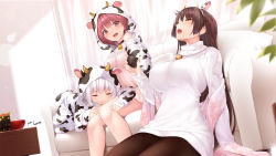 Rule 34 | 3girls, adjusting hood, animal costume, animal ears, animal print, arm at side, arm support, bell, blurry, bokeh, bowl, breasts, brown hair, brown legwear, camisole, character request, chobipero, choker, closed eyes, closed mouth, commentary request, couch, cow costume, cow ears, cow hood, cow horns, cow print, cow tail, cowbell, cup, curtains, dated, day, depth of field, dress, dutch angle, extra ears, facing viewer, fake animal ears, fake horns, feet out of frame, floral print, frills, from side, hairband, hand up, hands on another&#039;s thighs, heavy breathing, highres, holding, holding cup, hood, hood up, horns, hot, indoors, lap pillow, large breasts, long hair, long sleeves, looking at viewer, looking away, looking up, lying, multiple girls, neck bell, on floor, on side, open mouth, pantyhose, pillow, pink dress, plant, potted plant, red eyes, red hair, ribbed sweater, shawl, sidelocks, sitting, sleeves past wrists, smile, straight hair, sweat, sweater, sweater dress, table, tail, tenka hyakken, tongue, turtleneck, turtleneck sweater, very long hair, white hair, white sweater, yunomi
