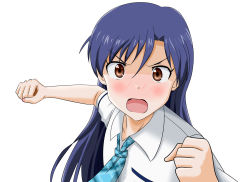 Rule 34 | 1girl, angry, blue hair, blush, brown eyes, clenched hand, idolmaster, idolmaster (classic), incoming attack, incoming punch, kisaragi chihaya, long hair, necktie, open mouth, punching, school uniform, solo, takumi (rozen garten)