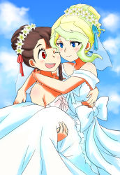 Rule 34 | 2girls, a50926123, absurdres, blonde hair, blue eyes, bridal veil, brown hair, carrying, commentary request, diana cavendish, dress, flower, hair flower, hair ornament, highres, kagari atsuko, little witch academia, multiple girls, princess carry, red eyes, veil, wedding dress, wife and wife, yuri