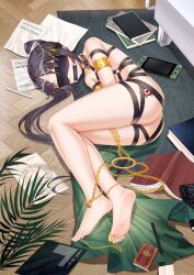 Rule 34 | 1boy, absurdres, anklet, armlet, ass, ass tattoo, barefoot, bdsm, black hair, blindfold, blush, bondage, bound, chain, commission, ear piercing, feet, full body, gagged, gold chain, highres, jewelry, legs, lying, neck ring, nintendo switch, no shoes, nude, on floor, on side, original, piercing, restrained, soles, solo, thighlet, tiara, toe ring, toenails, toes, trap, xo (xo17800108)