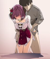 Rule 34 | 1boy, 1girl, atelier (series), atelier sophie, atelier sophie 2, blunt bangs, blush, braid, corset, cum, faceless, faceless female, faceless male, flower, grey shirt, hair flower, hair ornament, highres, holding another&#039;s arm, long sleeves, open mouth, red flower, red hair, red rose, rose, sex, sex from behind, shirt, short hair, side braid, sidelocks, sophie neuenmuller, sweat, uno ryoku, upper body